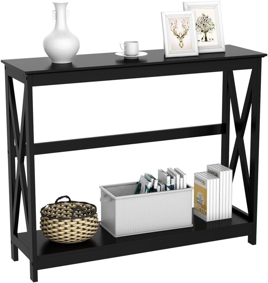 2 Tier Black Console Table with Shelf for Hallway Entryway Living Room
