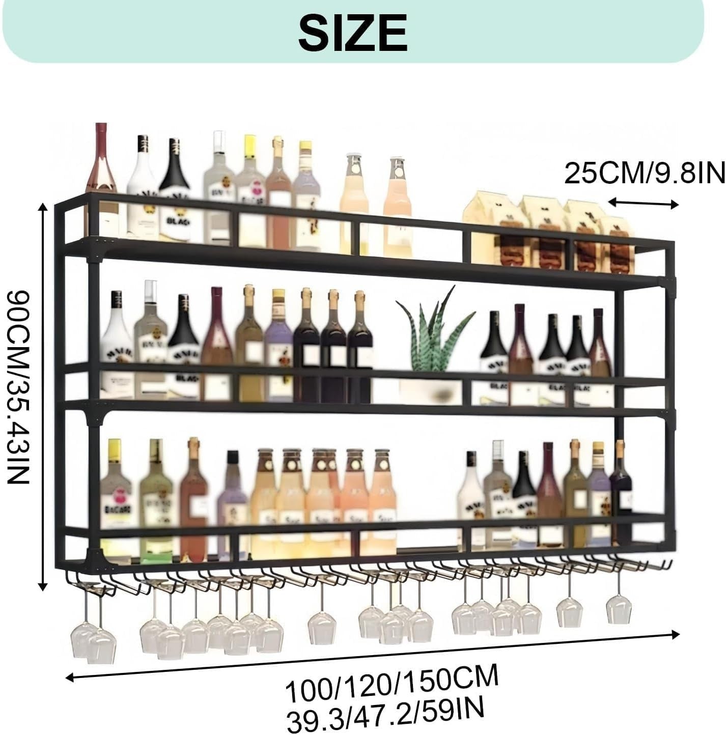 Wall Mounted Wine Rack With Glass Holder Bar Bottle Shelf Gold Metal 180x25x90cm