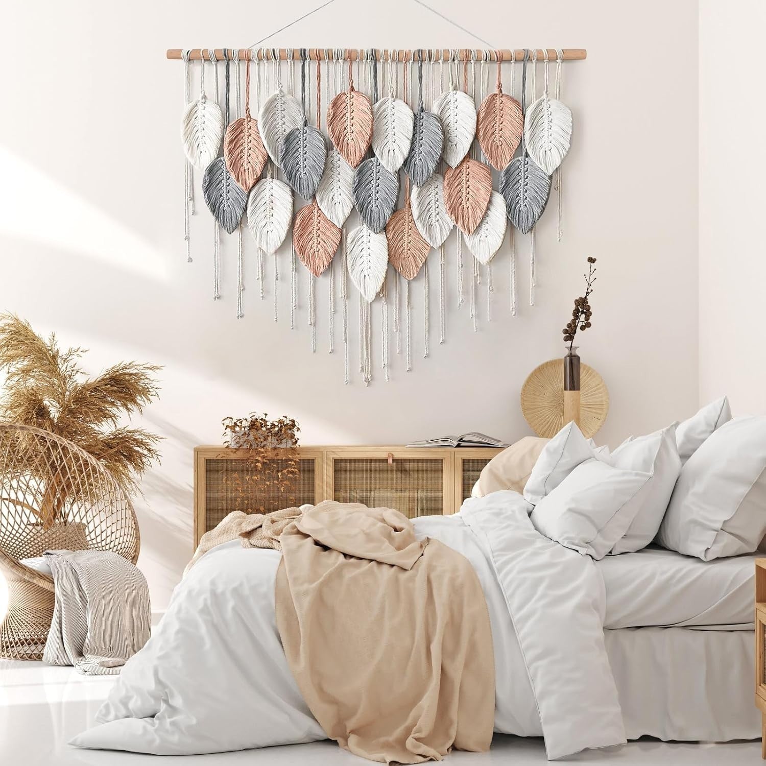 Pink Large Leaf Macrame Wall Hanging 39"x29.5" Boho Decor