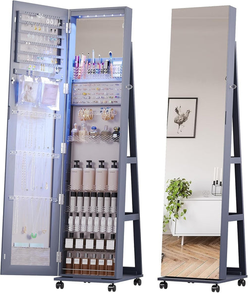 360° Swivel Jewelry Cabinet LED Full Length Mirror Rolling Storage Gray