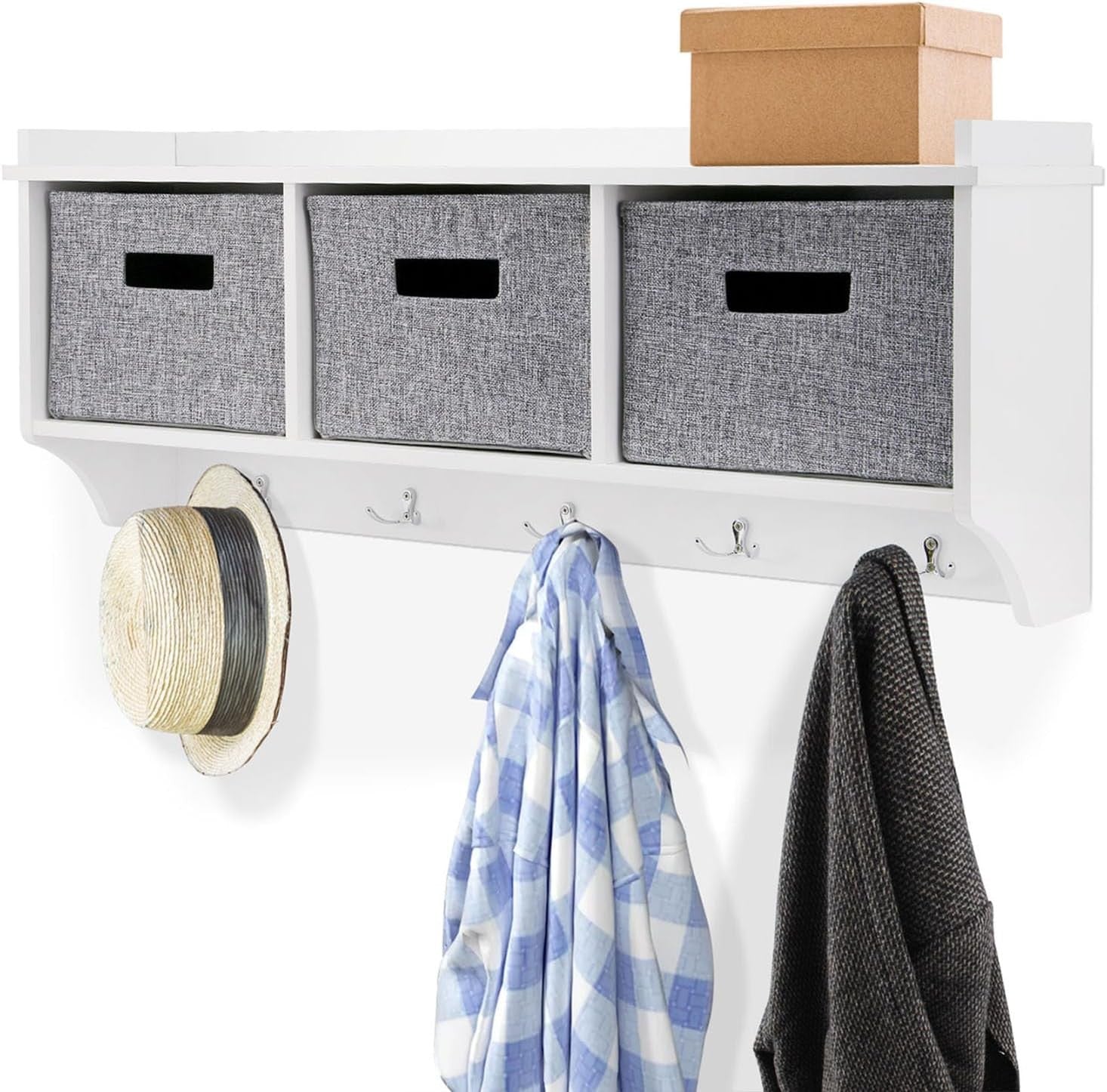 White Wall Mounted Coat Rack with 3 Baskets | 5 Hooks Hallway Organizer