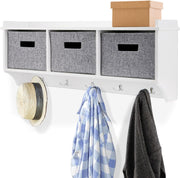 White Wall Mounted Coat Rack with 3 Baskets | 5 Hooks Hallway Organizer