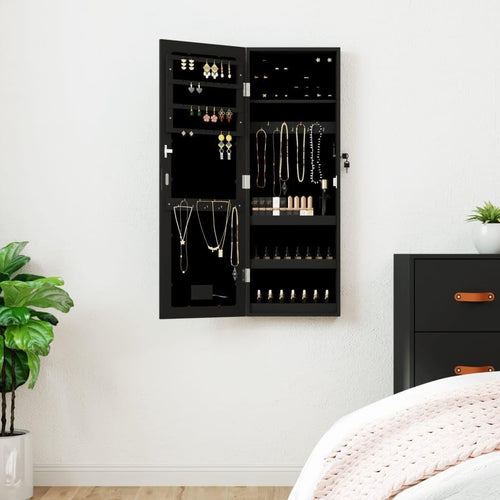 LED Wall Mounted Jewelry Cabinet Frameless Mirror Lockable Slim Black