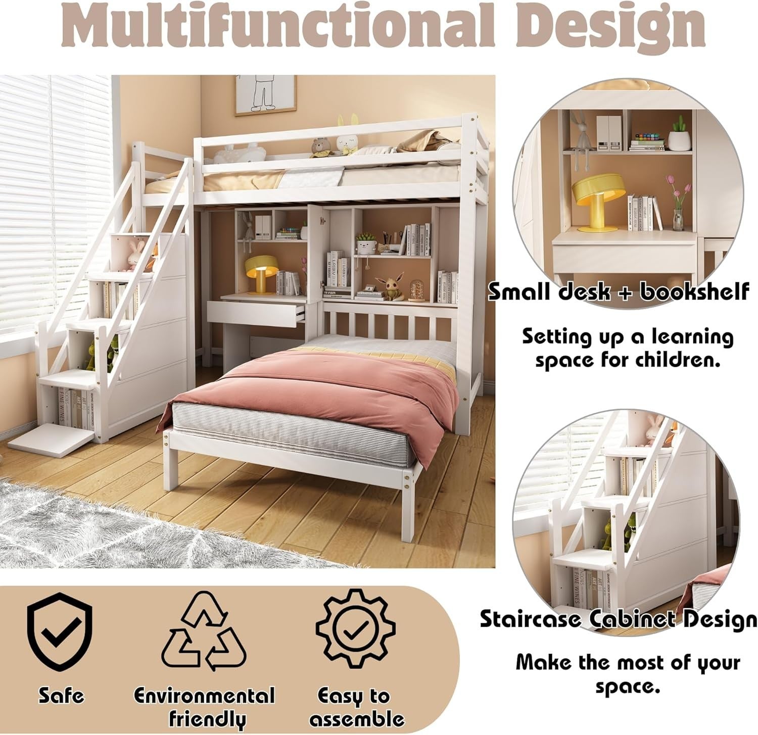 Kids Pine Wood Bunk Bed with Storage Ladder, Desk & Shelves 204x175cm