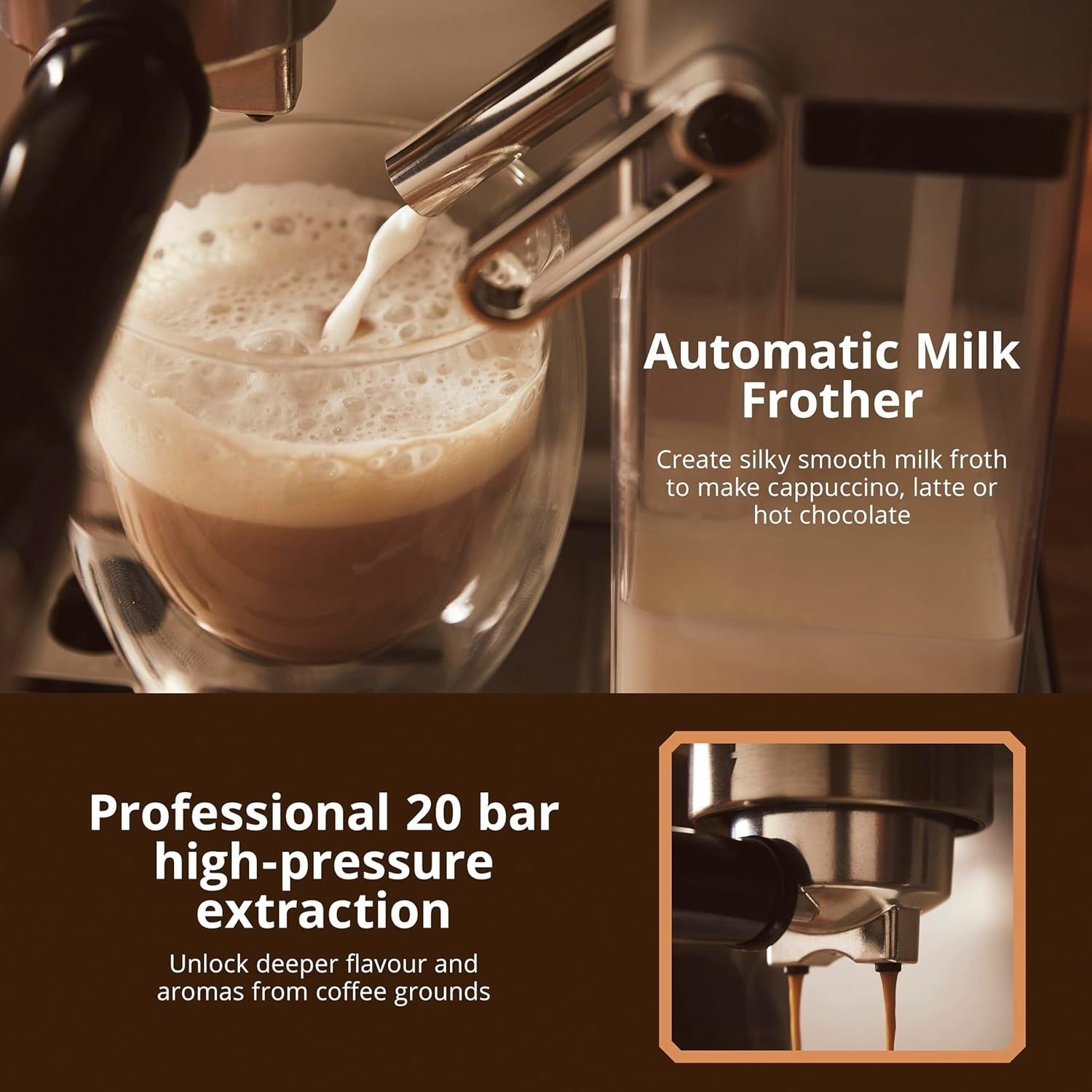 Digital Espresso Coffee Machine 20 Bar Pump Auto Milk Frother 8 Presets 1.6L