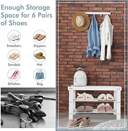 White Bamboo Shoe Storage Bench – 3-Tier Rack & Seat for Entryway 70cm