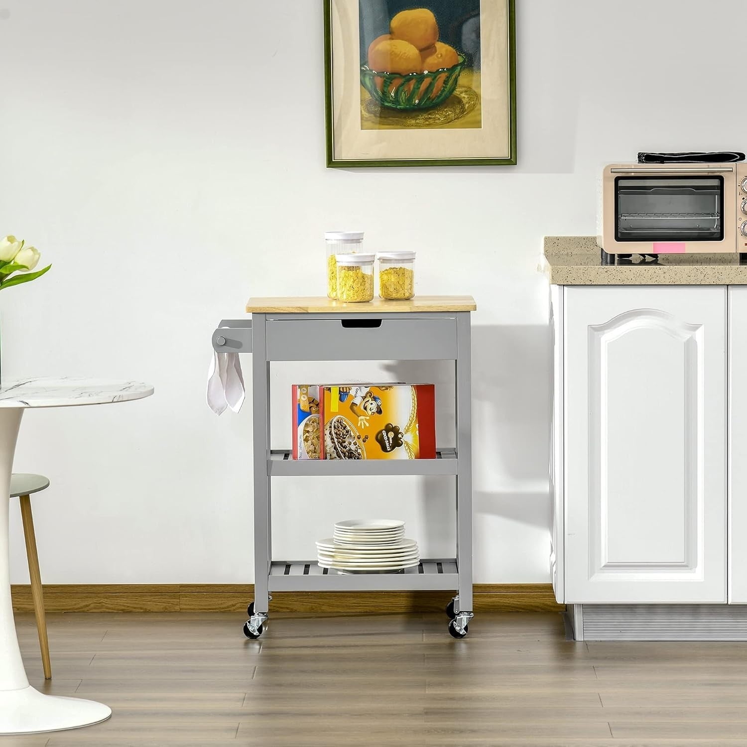 Kitchen Trolley Cart on Wheels w/ Wood Top Drawer Shelves