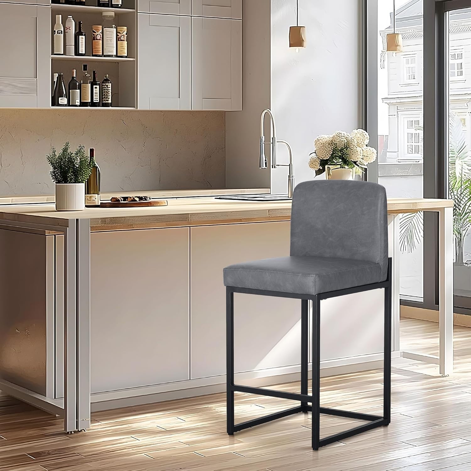 Grey PU Leather Bar Stool – Modern Kitchen & Breakfast Counter Chair
