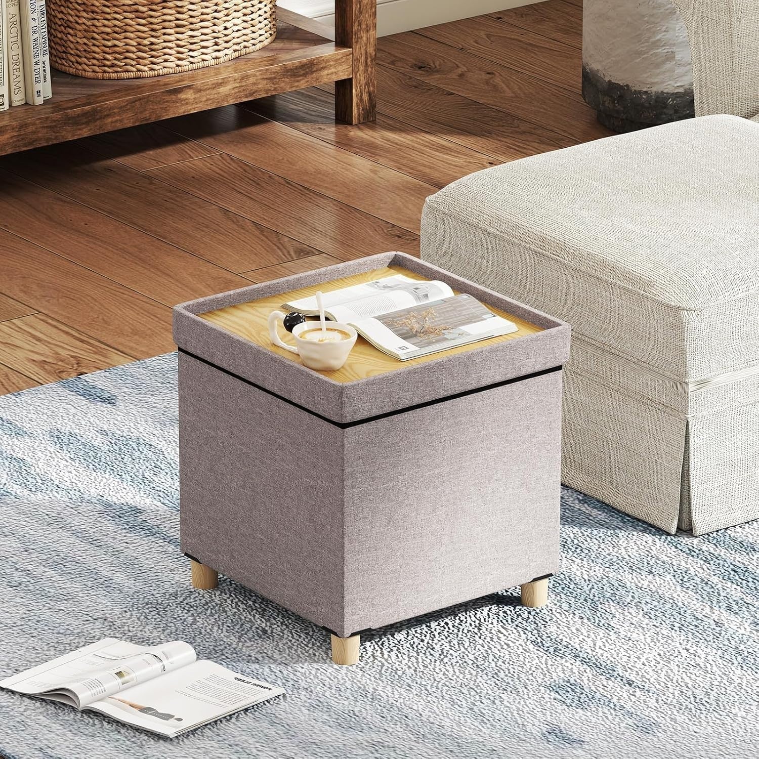 Beige Linen Storage Ottoman 45x45cm Folding Footstool Bench w/ Tray Lid & Legs