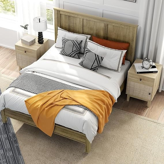 Rattan Bedside Tables Set of 2 – Boho Storage Drawer & Door – Solid Wood Legs 40