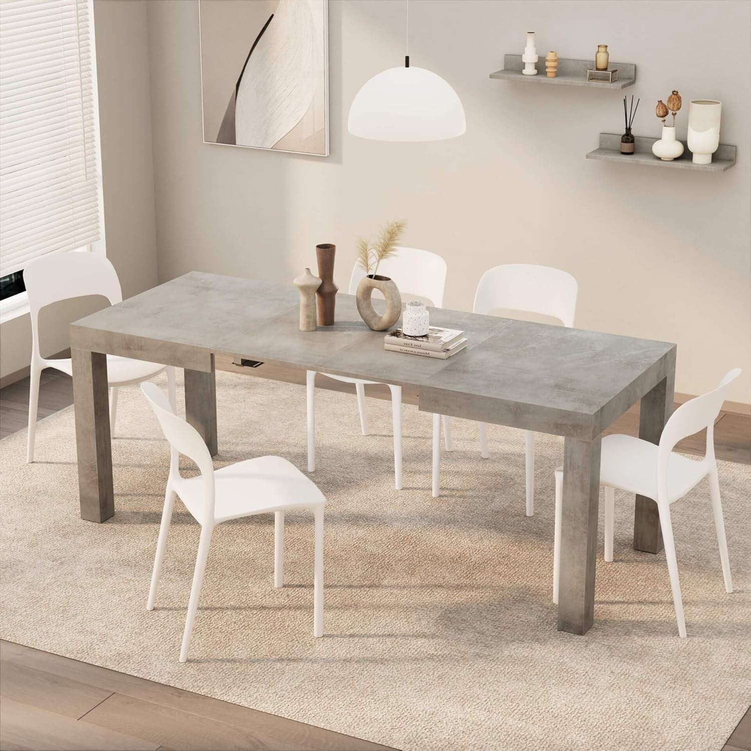 Extendable Concrete Grey  Dining Table 8Seater Wood Modern SpaceSaving 120-200cm