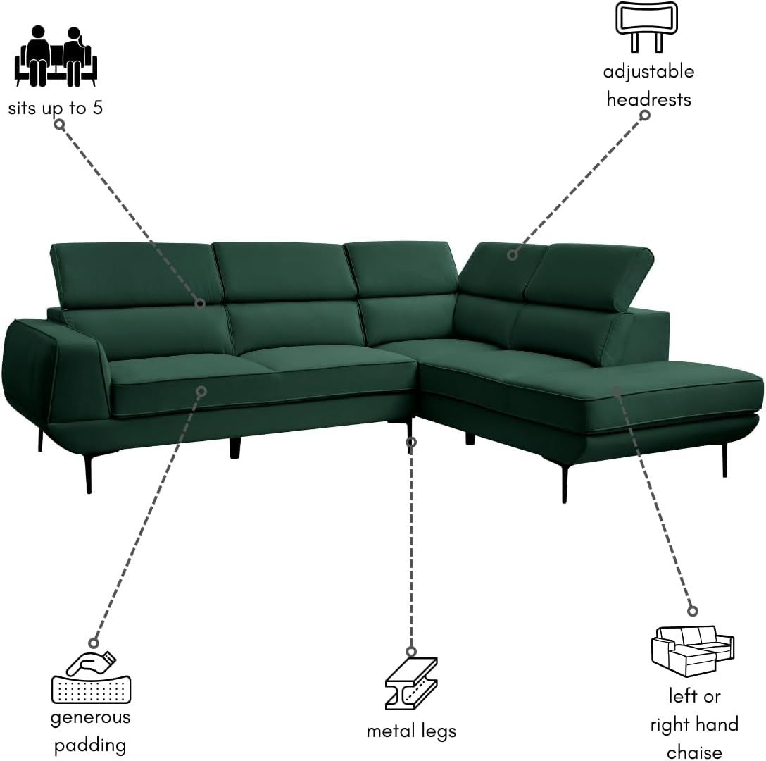 5 Seater L-Shaped Velvet Sofa with Adjustable Headrests & Metal Legs