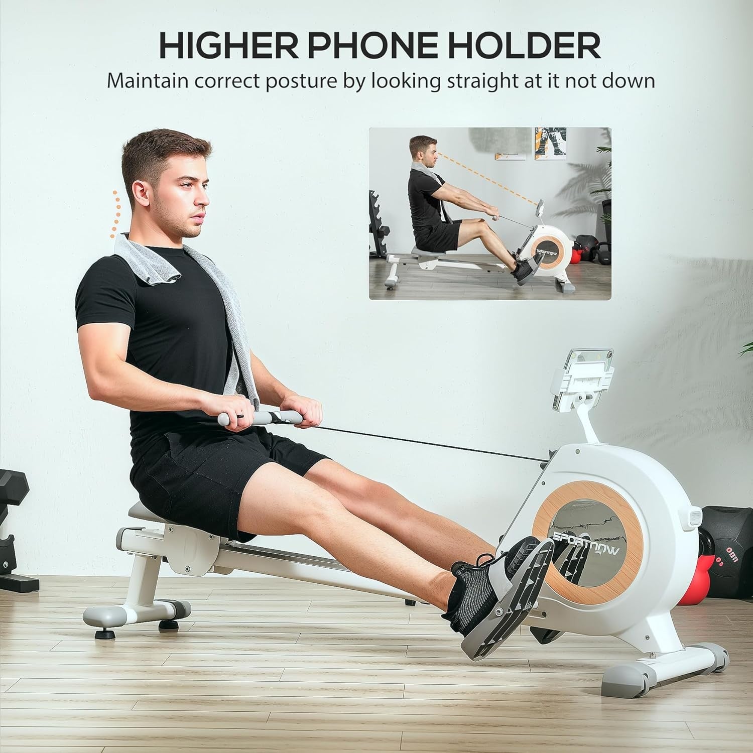 16-Level Magnetic Rowing Machine Dual Rail Quiet Rower LCD Phone Holder 150KG