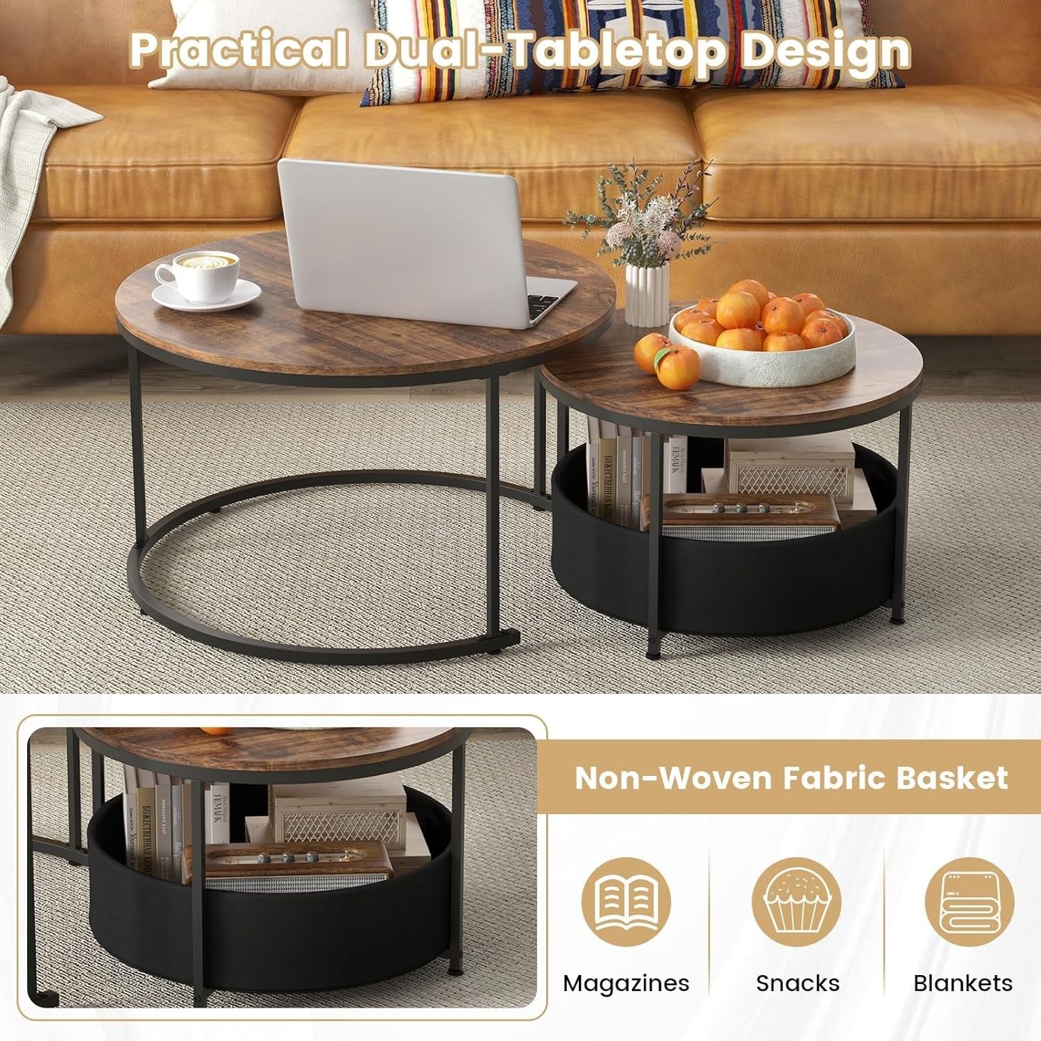 Nesting Coffee Table Set of 2 Round Side End Tables Rustic Industrial Metal
