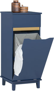 Slim Laundry Storage Cabinet with Built-In Basket & Drawer, Navy Blue