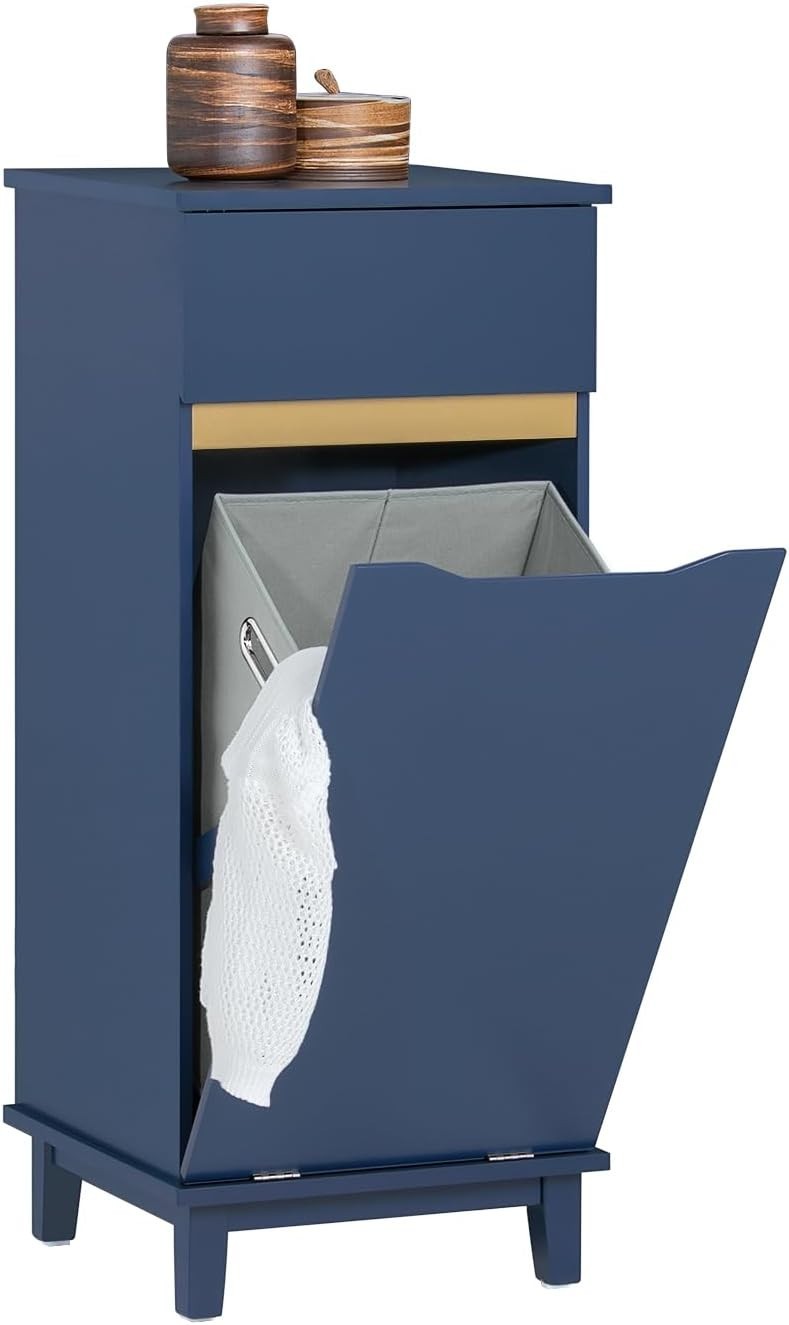 Slim Laundry Storage Cabinet with Built-In Basket & Drawer, Navy Blue