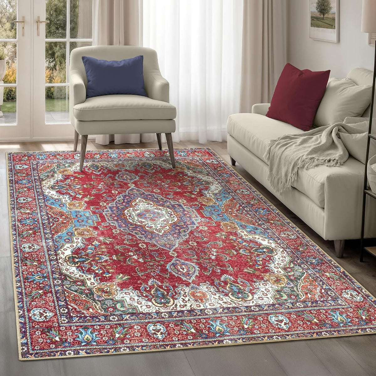 Washable Rug 152x213cm Non-Slip Soft Vintage Red Blue Carpet for Living Room