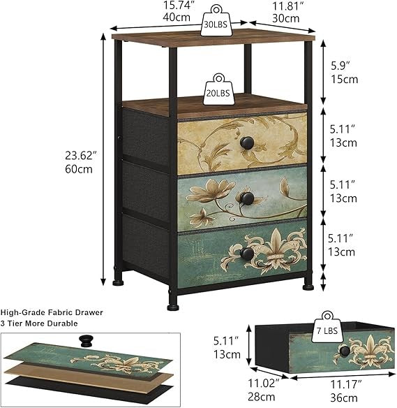 Vintage 3-Drawer Bedside Cabinet with Open Shelf, Metal Frame Storage Table
