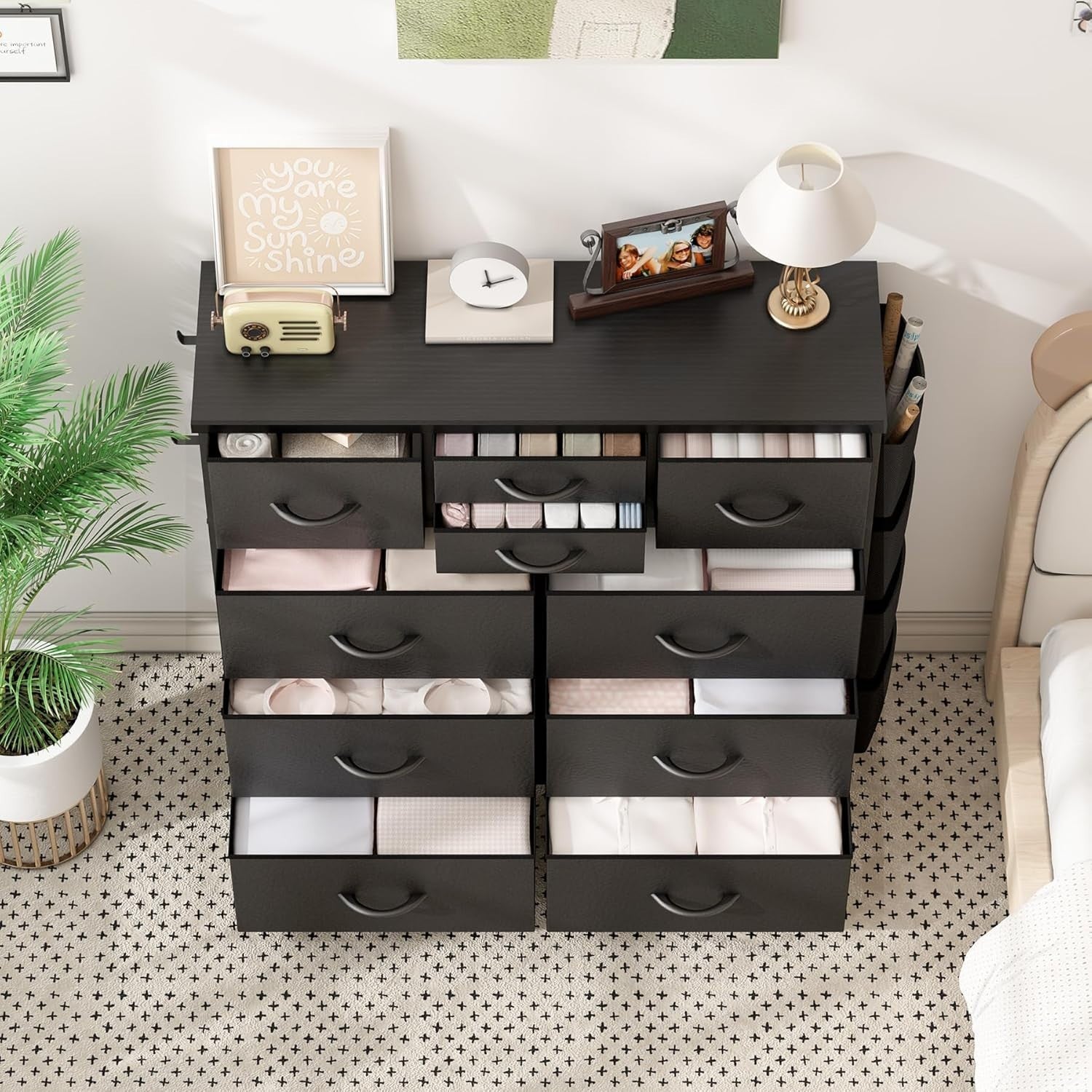 Black 10 Drawer Tall Chest with Fabric Drawers, Hooks & Side Storage Pockets