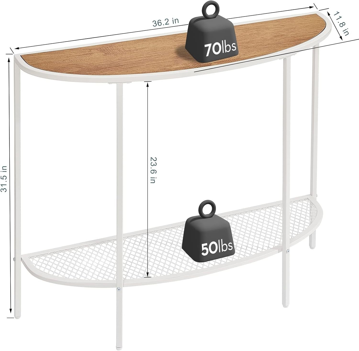 Slim Half Moon Console Table with Shelf, Narrow Hallway Entryway Table