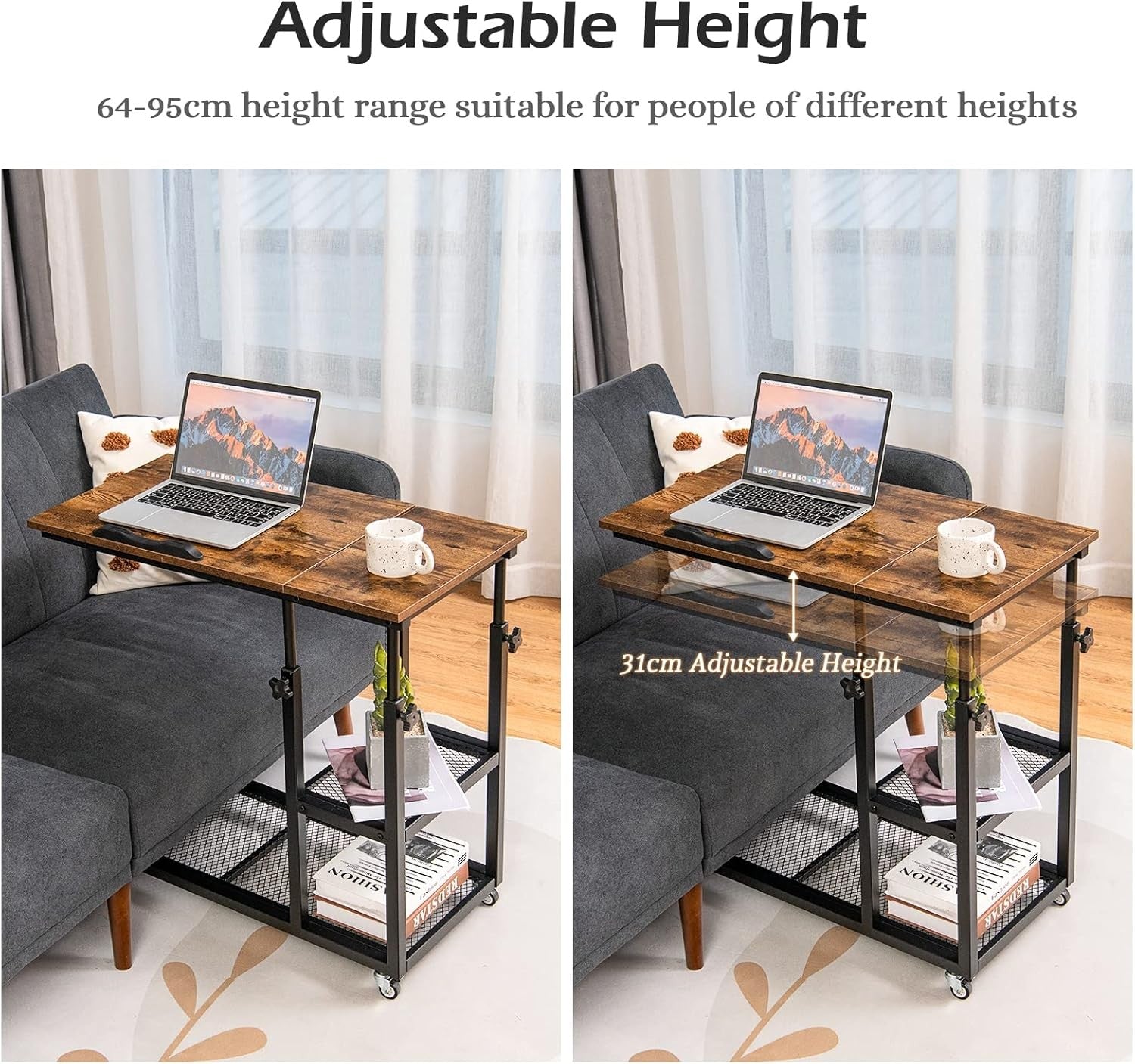 Rustic Brown Overbed Table with Wheels Adjustable Sofa Side Laptop Desk