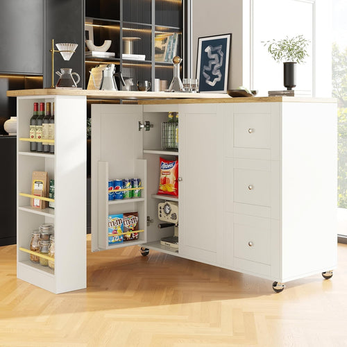 360° Swiveling Extendable Kitchen Island Table with Drawers & Snack Rack