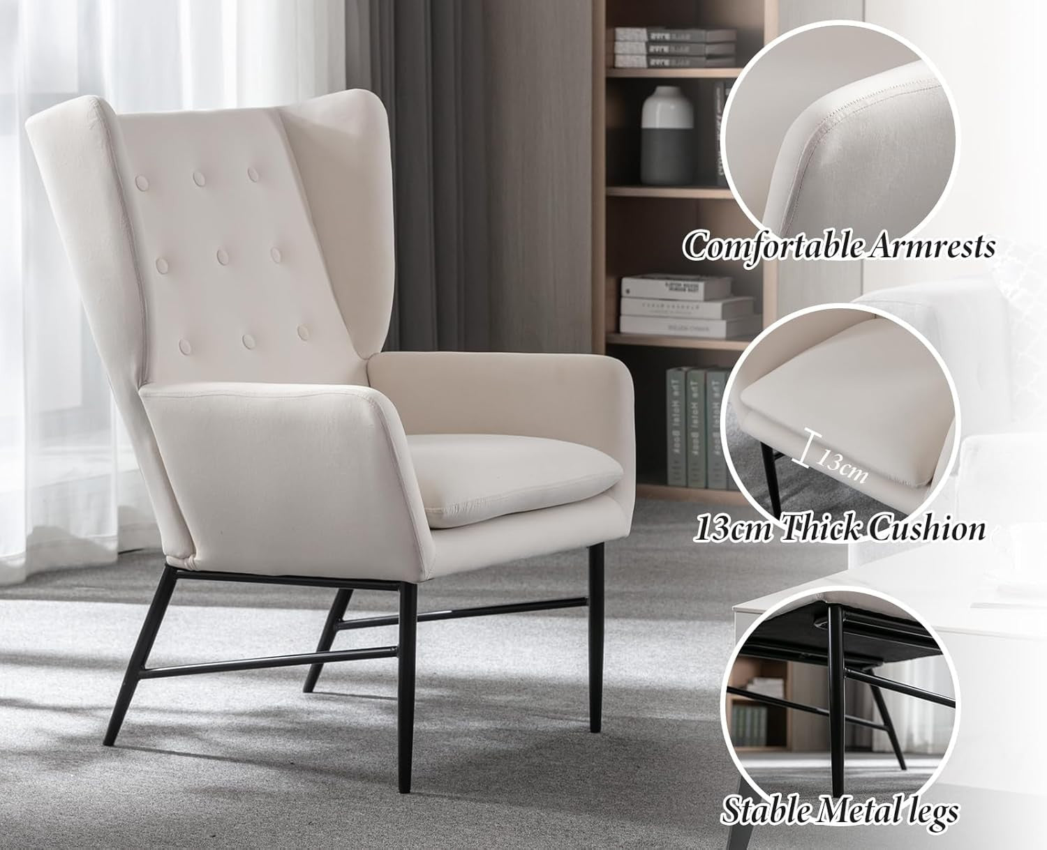 Beige Velvet Accent Armchair Tufted Back Lounge Chair Metal Legs Modern Seat