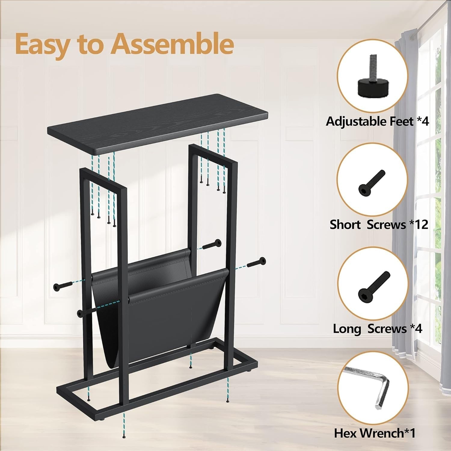 Narrow Black Side Table with Storage Bag Slim Sofa Bedside Small Space 18x45x54