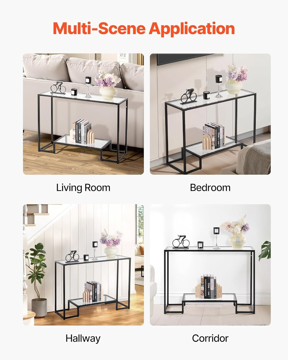 Modern Tempered Glass Console Table with 2-Tier Storage & Anti-Tip