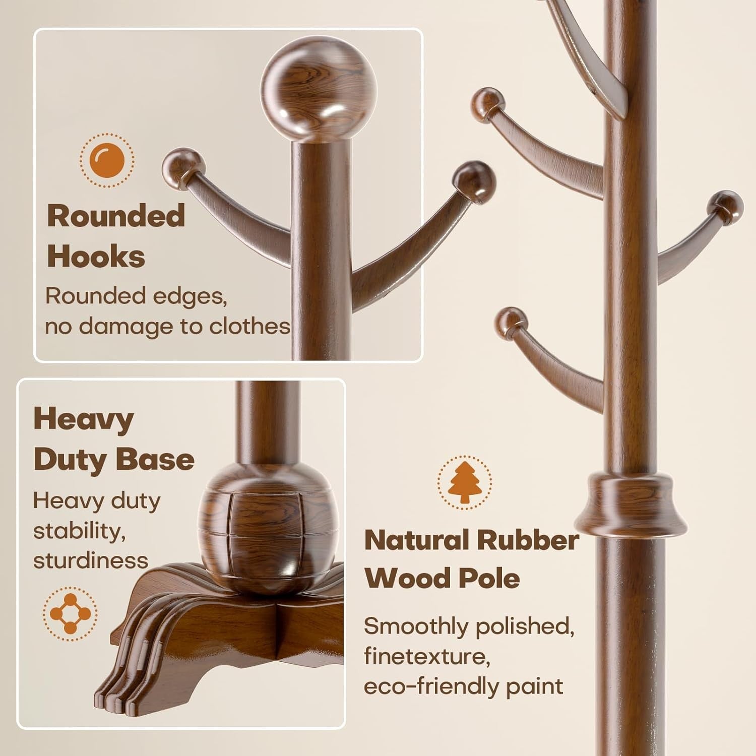Wooden Coat Rack Stand Freestanding 7 Hooks Sphere Base Hall Tree Walnut