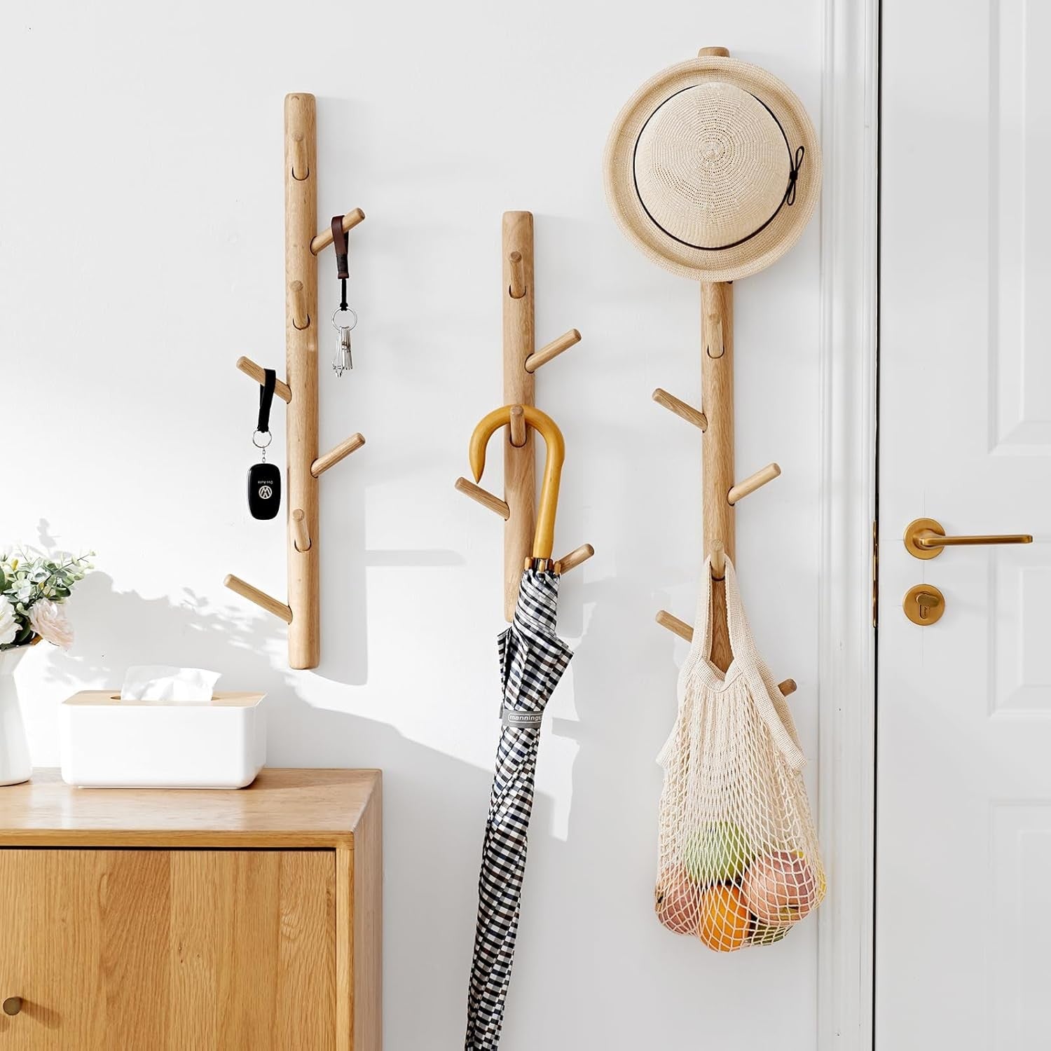 Wooden Wall Mounted Coat Rack | 70cm Vertical Hat Hook Tree for Hallway Bags