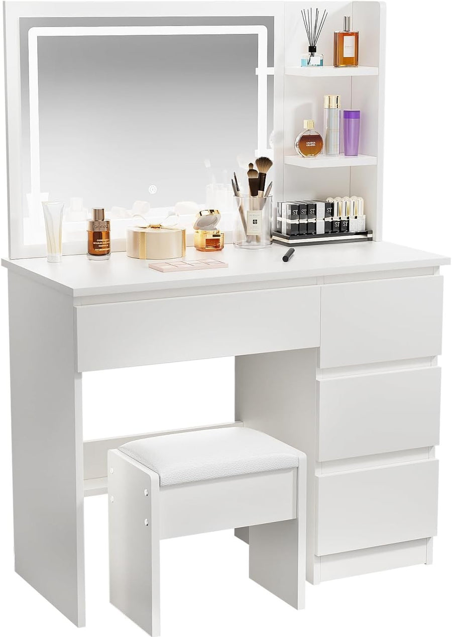 Vanity Table Set Makeup Dressing Desk Mirror Light Storage Drawers Stool White