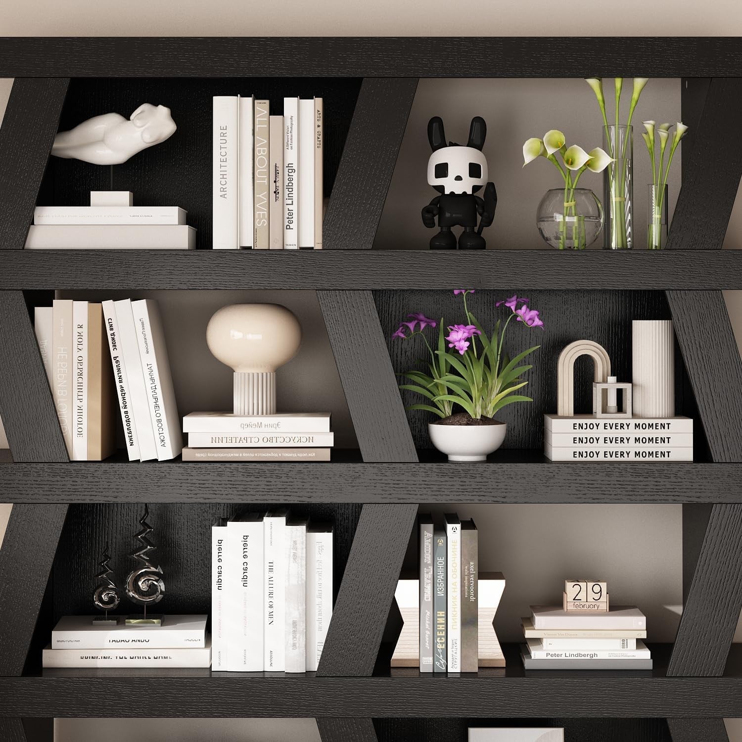 Modern Black Wave Bookcase with 10 Shelves Freestanding Display Unit