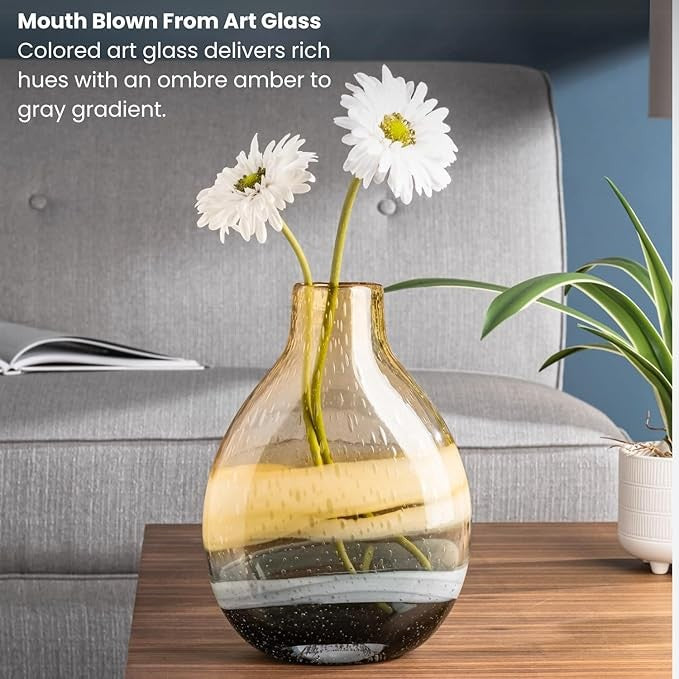 Amber Swirl Glass Vase Short Hand Blown Bulb Table Decor Modern Accent
