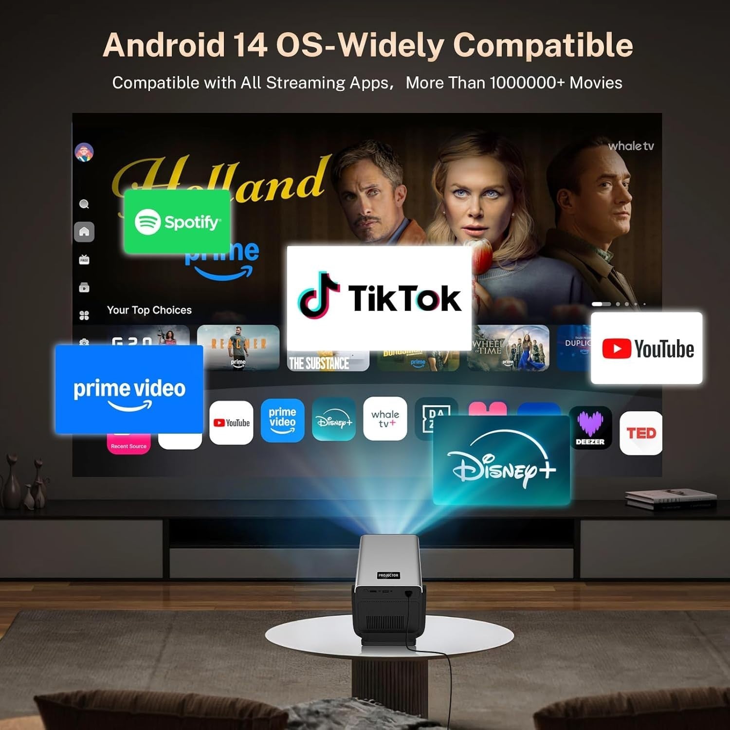 8K Smart Projector 2000 ANSI 1080P Android 14 WiFi 6 Bluetooth