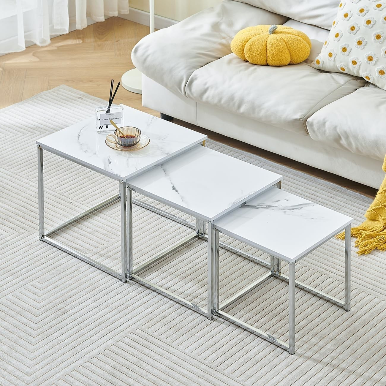 Set of 3 Nesting Coffee Side Tables White Marble End Storage Space Saver