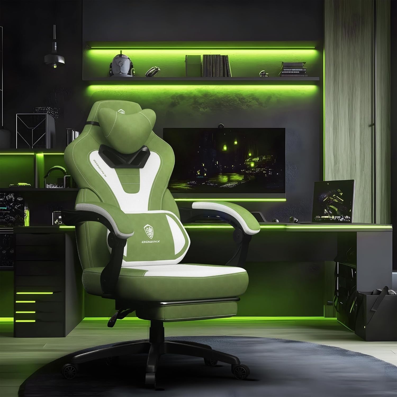 Gaming Chair Recliner w/ Massage, Footrest, Fabric, Pocket Spring Green White