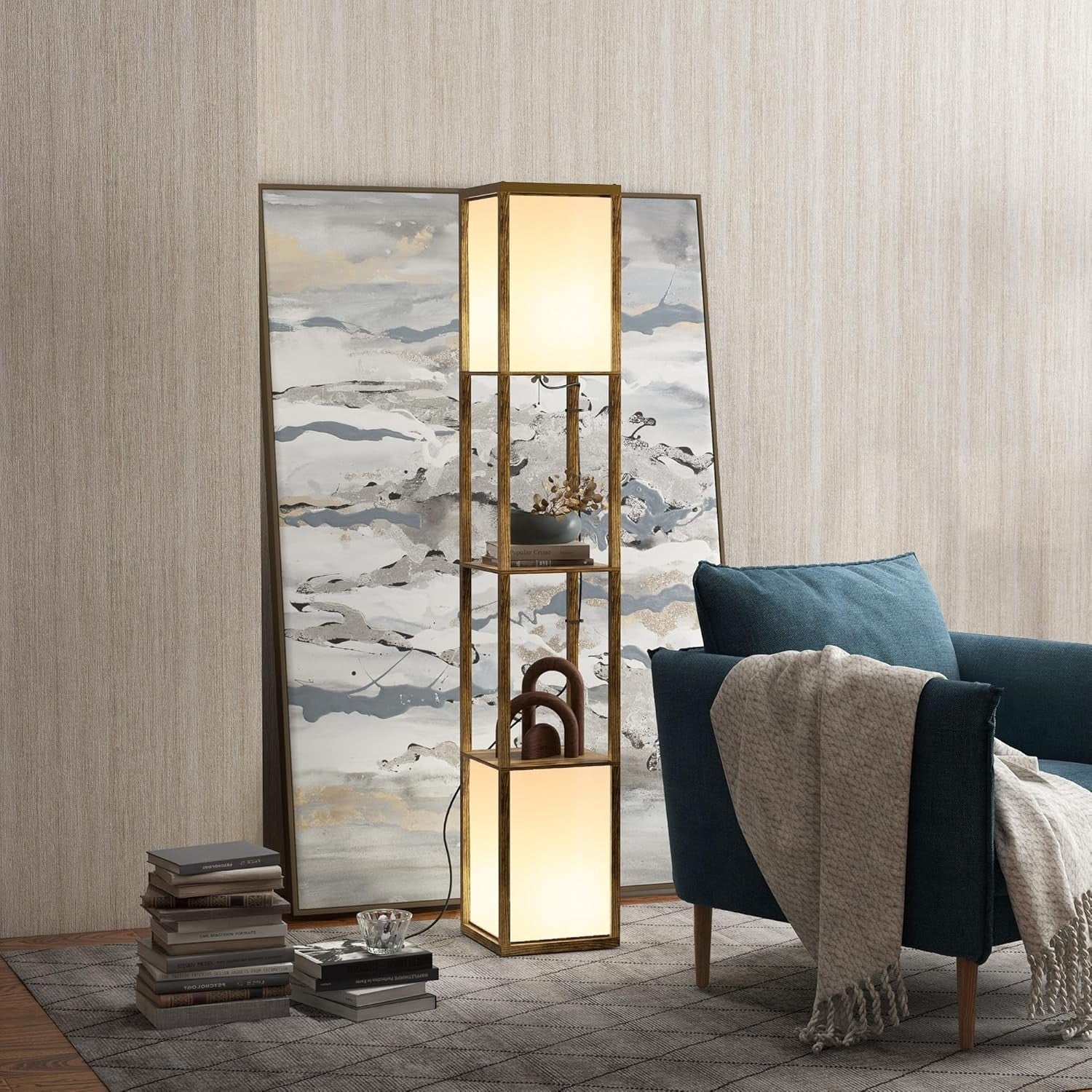 Floor Lamp Shelves Dual Light Modern Corner Standing Lamp Fabric Shade