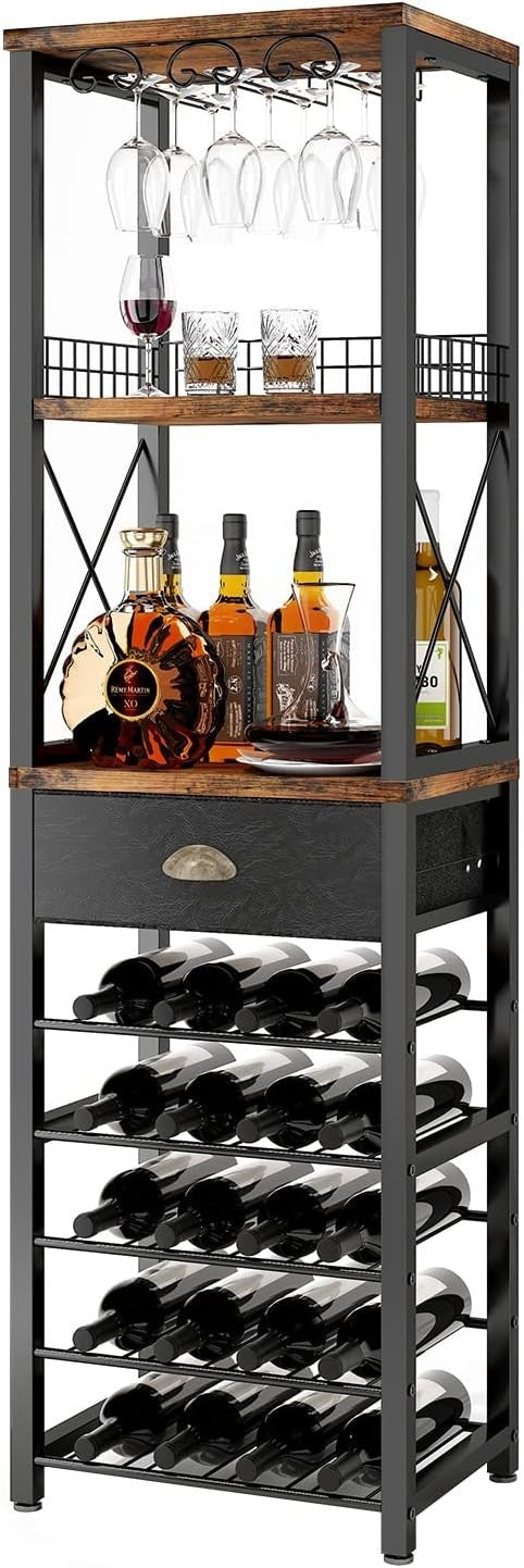 Freestanding Wine Bar Cabinet with Glass Rack & 20 Bottle Storage Shelf Vintage