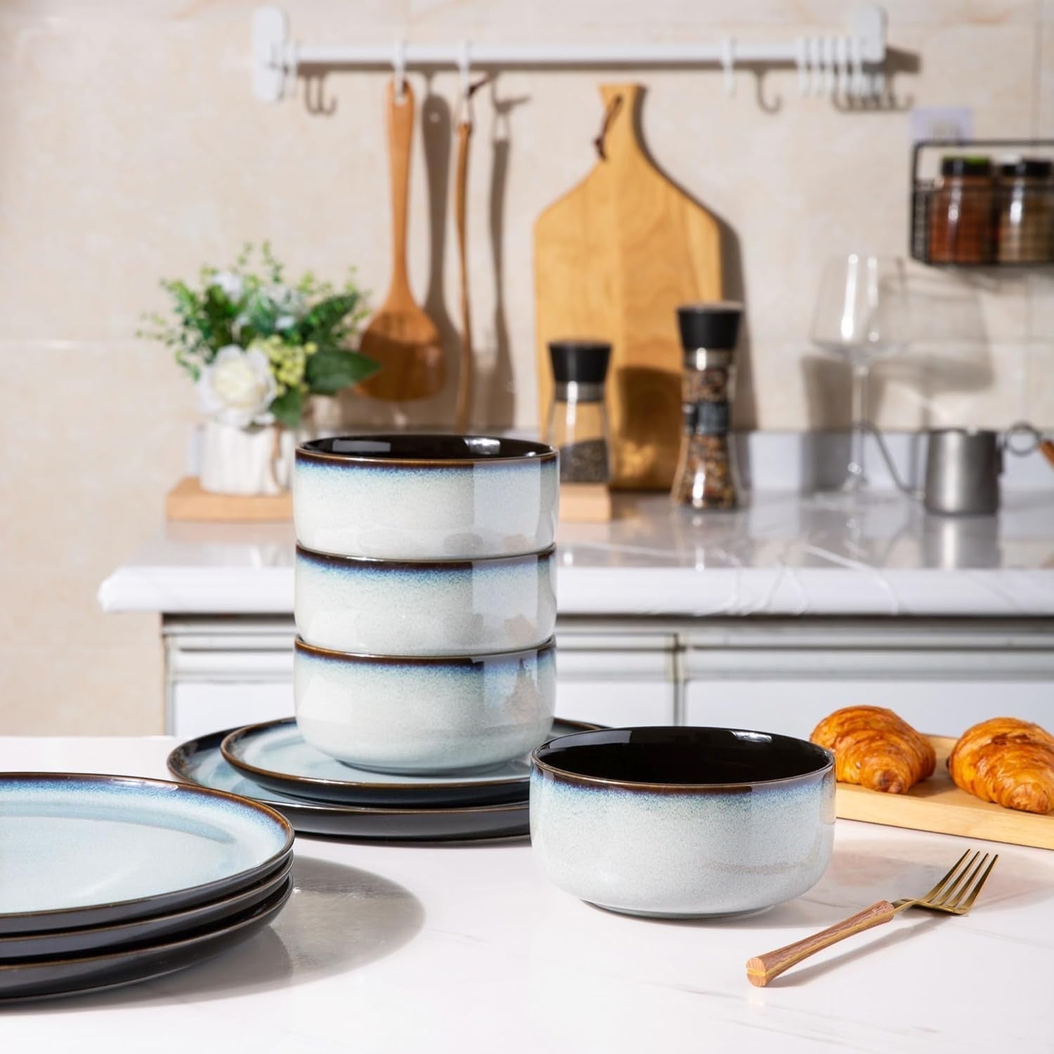 12pc Stoneware Dinner Set for 4 Scratch Resistant Plates Bowls Microwave Safe
