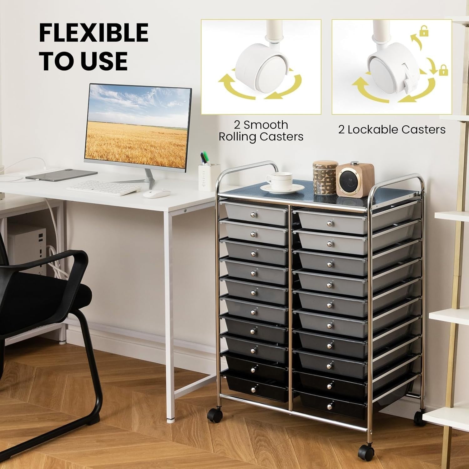 20 Drawer Rolling Storage Trolley Organiser Cart Beauty Office Black