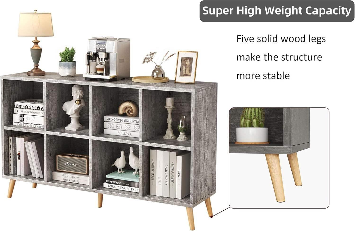 8 Cube Modern Bookcase with Legs Grey Oak Wooden Storage Shelf 120cm