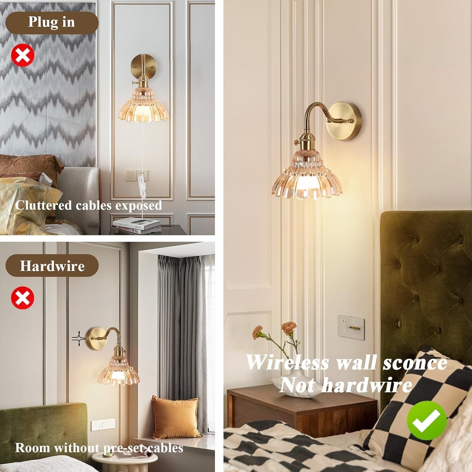 Rechargeable Vintage Wall Lights Amber Glass Dimmable Remote 2-Pack