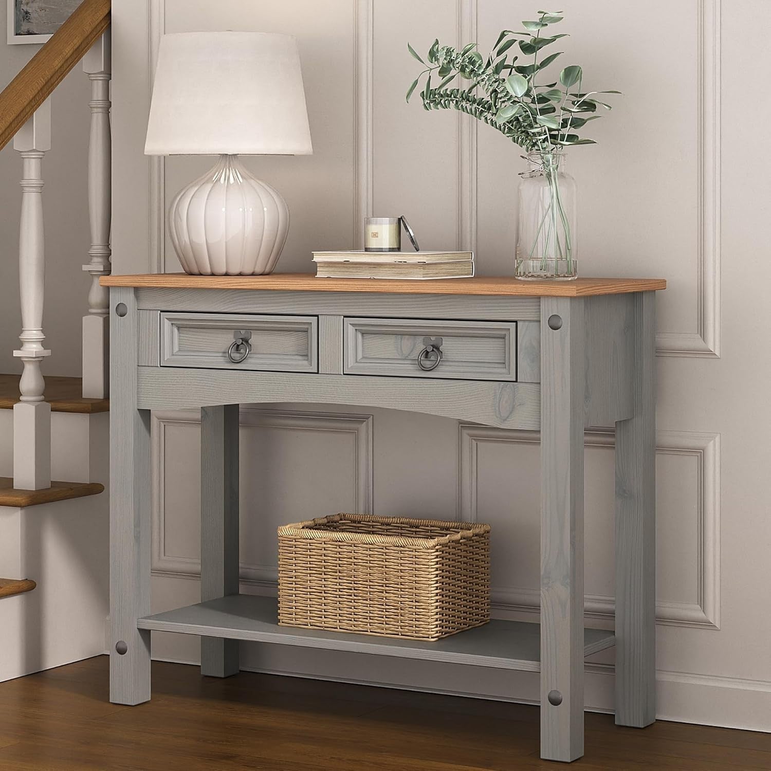 Grey Pine Console Table with 2 Drawers – Storage & Writing Desk