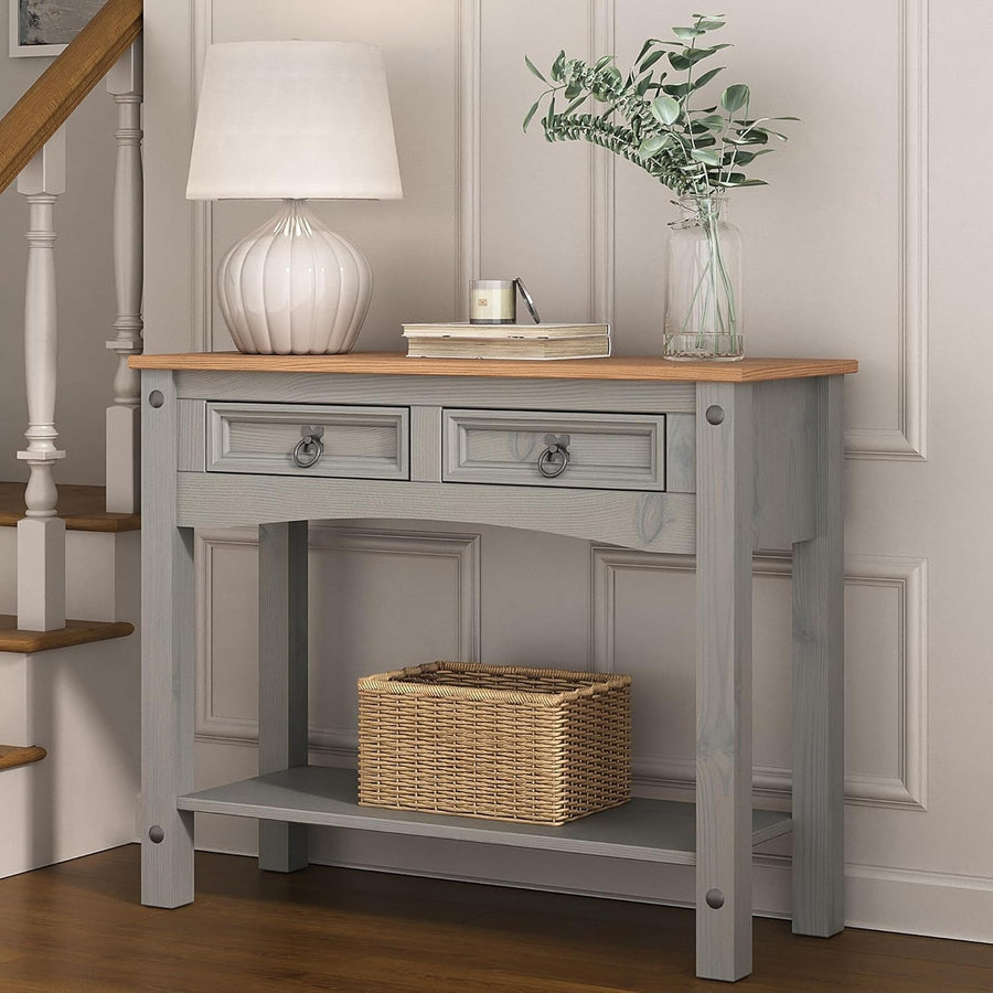 Grey Pine Console Table with 2 Drawers – Storage & Writing Desk