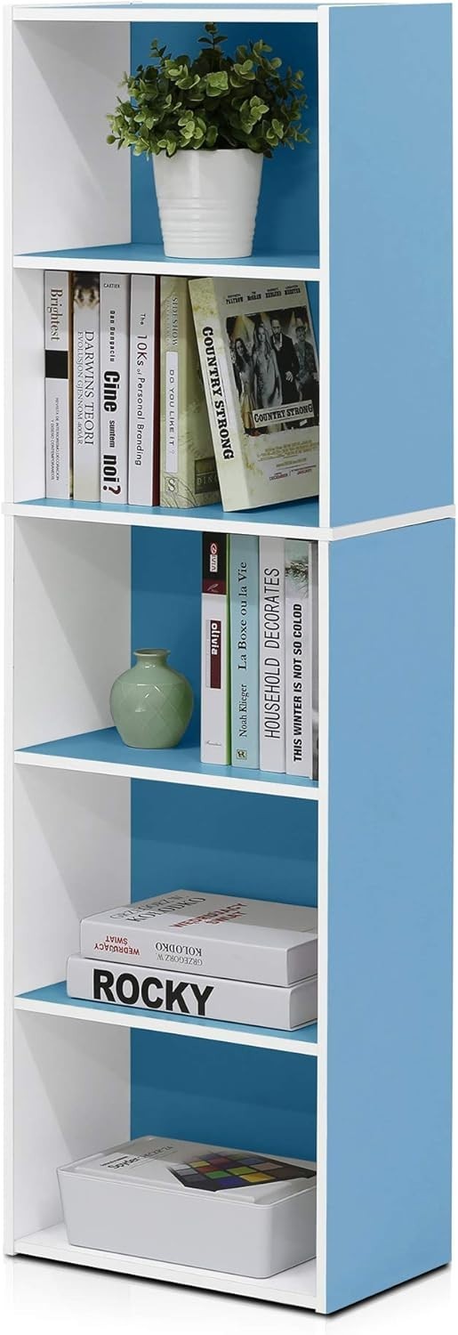5 Tier Reversible Bookcase Storage Open Shelf Compact Organizer Bookshelf Blue