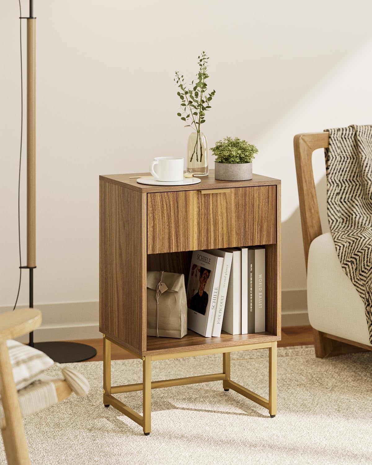 Walnut Bedside Table with Drawer & Shelf – Modern Fluted Wood
