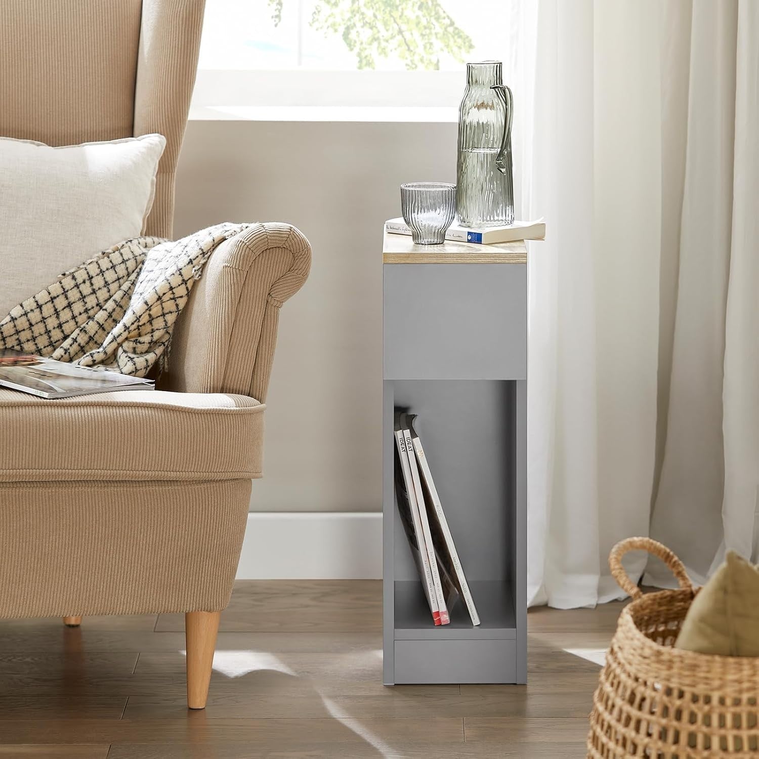 Set of 2 Slim Grey Bedside Tables with Drawer & Shelf