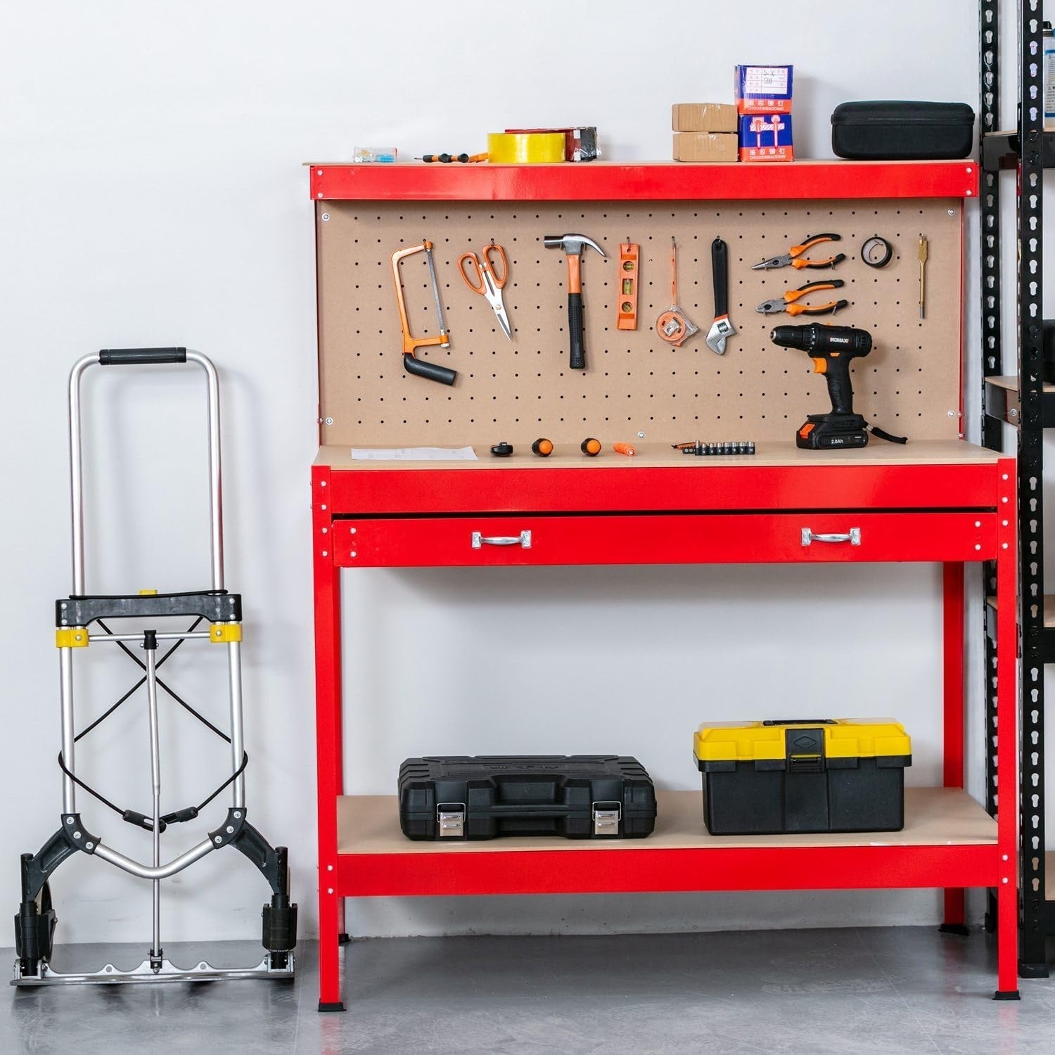 Red Steel Garage Workbench Tool Station w/ Drawer Pegboard Shelf DIY Storage