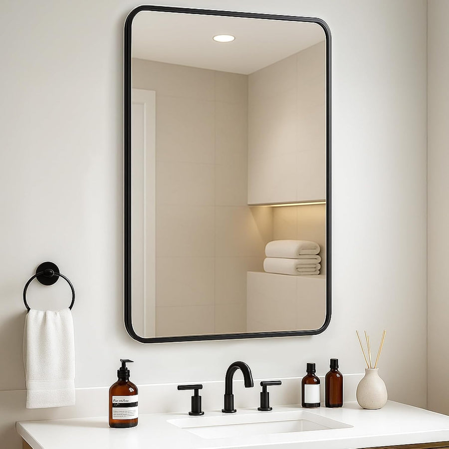 Bathroom Wall Mirror 100x70cm Black Aluminum Frame Curved Corners No LED